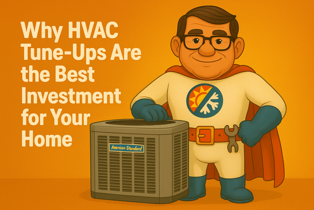 Cartoon superhero HVAC technician promoting the benefits of HVAC tune-ups for home comfort and savings.