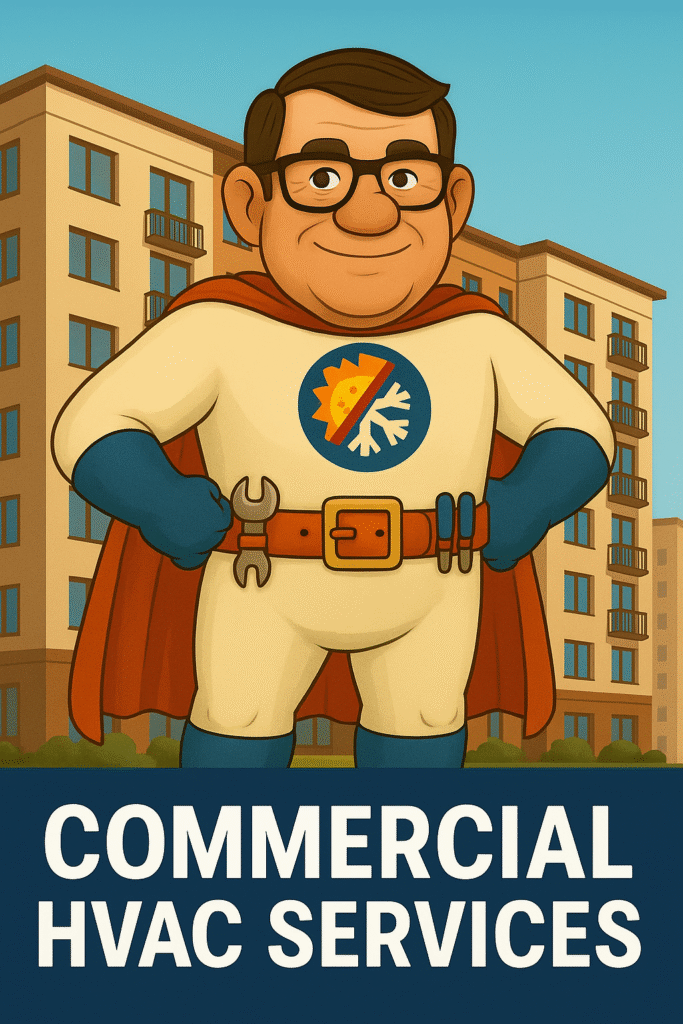 Cartoon HVAC superhero standing confidently in front of a multi-family apartment complex, promoting commercial HVAC services and special pricing for property managers.
