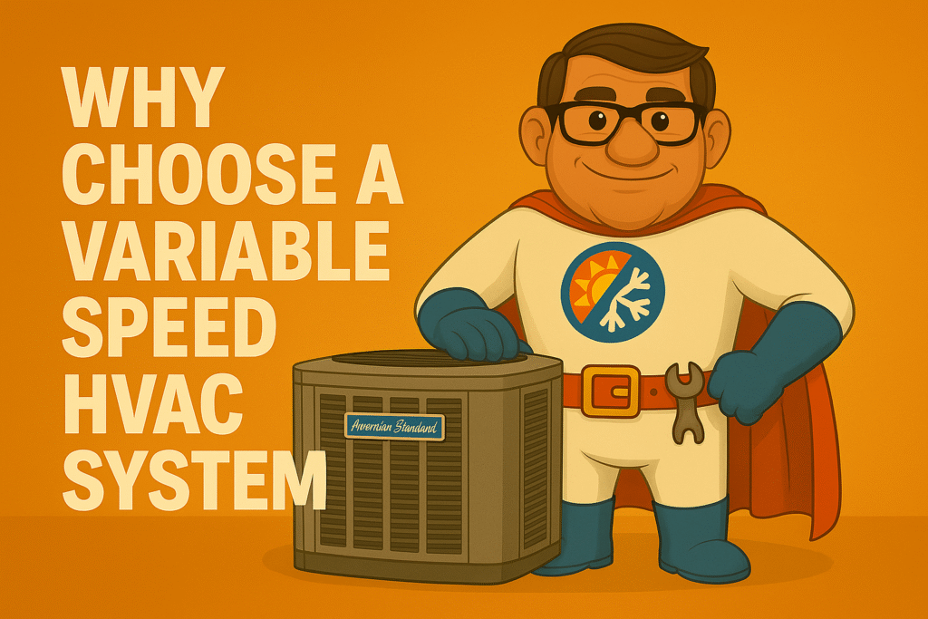 "Cartoon HVAC mascot standing beside an American Standard air conditioner, promoting variable speed HVAC system benefits and energy efficiency."