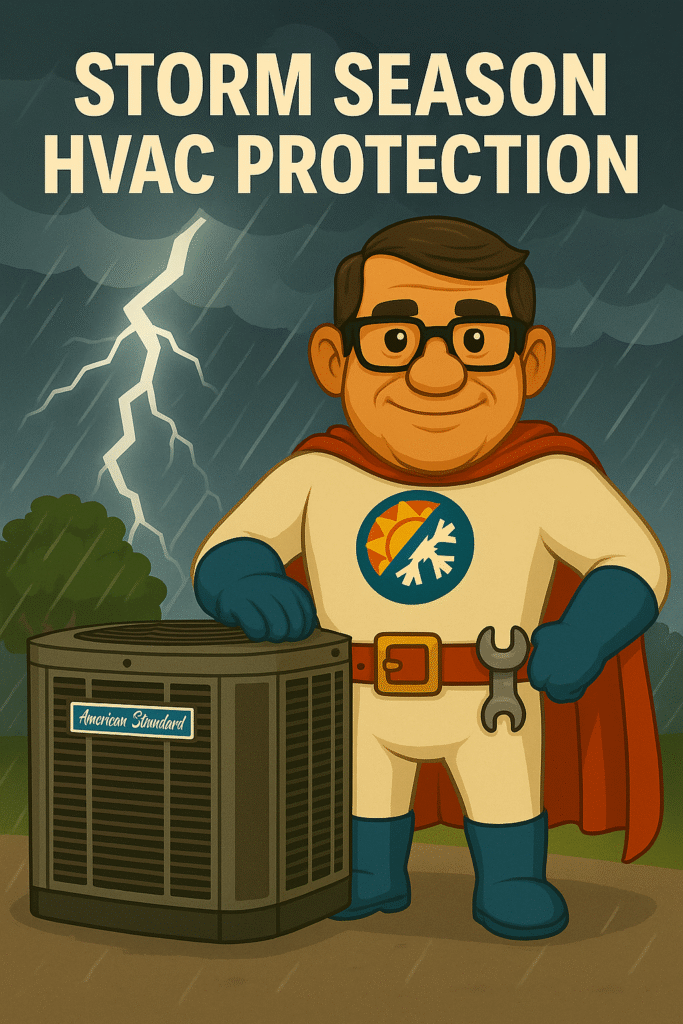 Cartoon HVAC superhero mascot protecting a home’s air conditioning unit during a late-summer storm with rain, wind, and lightning in the background