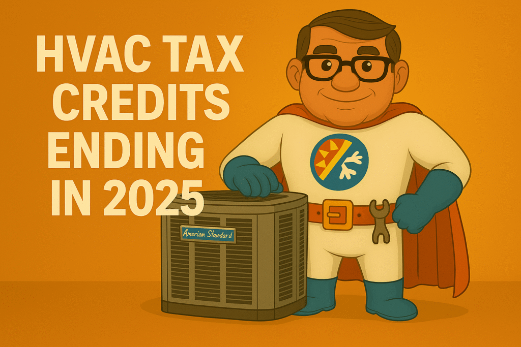 Tax credits for energy-efficient home upgrades ending in 2025 with superhero mascot and HVAC icons