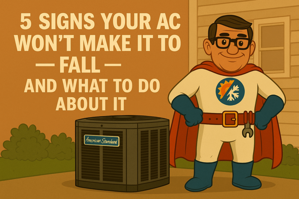 Superhero HVAC technician mascot standing beside an American Standard AC unit with the blog title "5 Signs Your AC Won’t Make It to Fall — and What to Do About It"