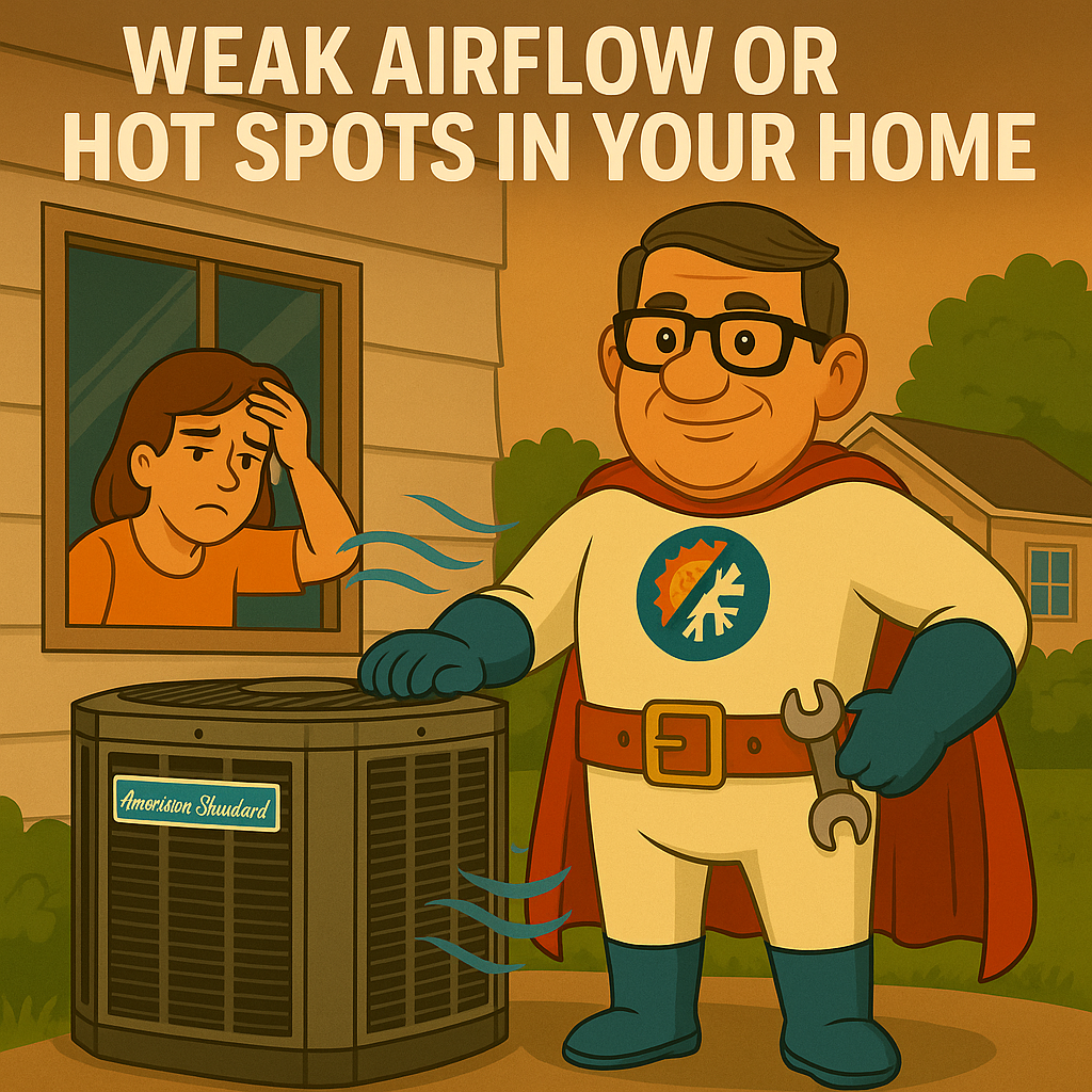 5 Signs Your AC Won’t Make It to Fall | AC Repair Lexington KY 1 Comfort Crusader HVAC technician standing next to an American Standard air conditioner with airflow lines, while a woman looks out her window wiping sweat, showing signs of weak airflow or hot spots in the home.