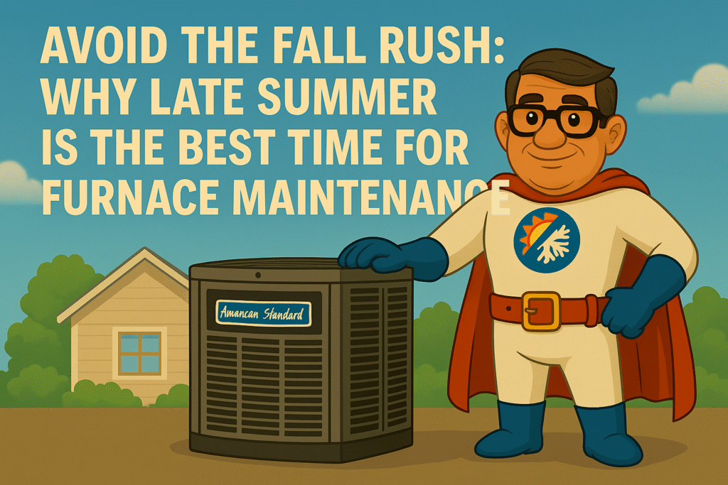 Comfort Crusader HVAC technician mascot standing next to an American Standard furnace outside a suburban home with blog title text overhead.