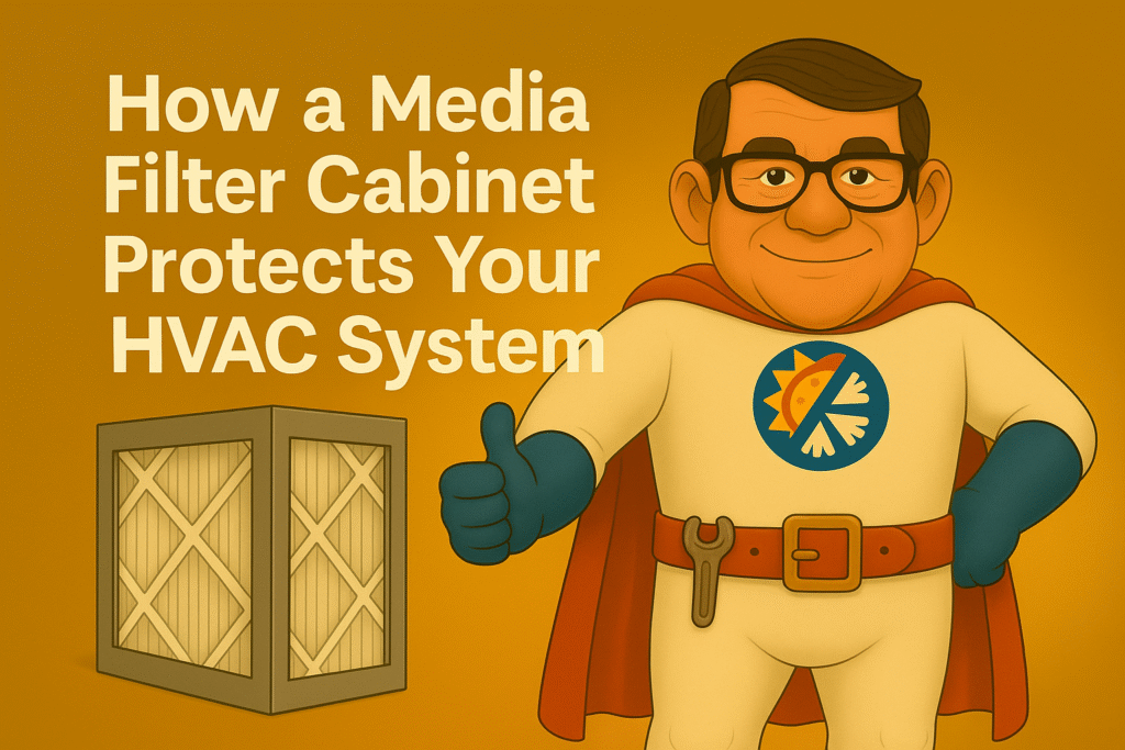 Digital illustration showing a media filter cabinet protecting an HVAC system, used to promote better air quality and system longevity in Lexington KY.