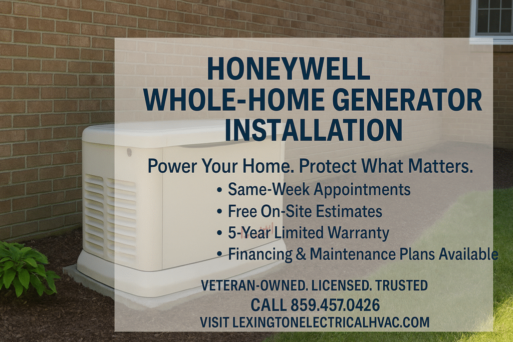 Honeywell whole-home backup generator installed outside a brick house in Lexington, KY with key installation benefits displayed