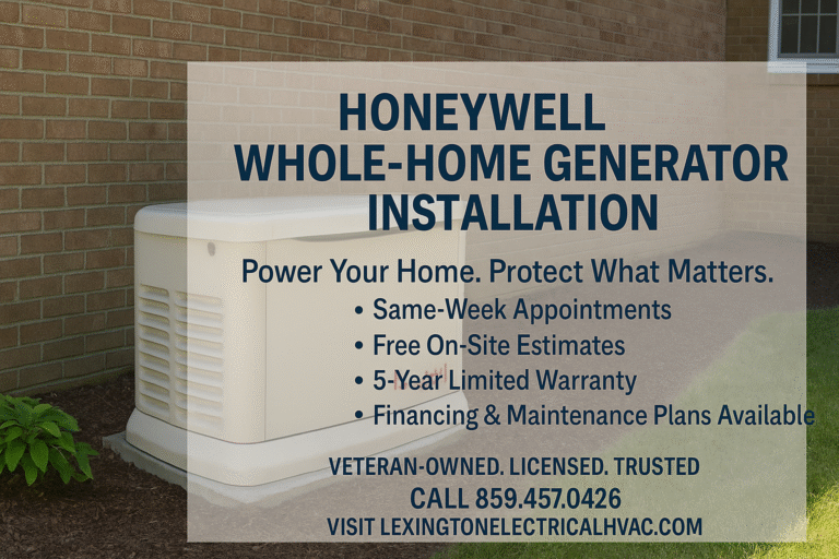 Whole Home Generator Installation in Lexington, KY | Honeywell Backup Generators 1 Honeywell whole-home backup generator installed outside a brick house in Lexington, KY with key installation benefits displayed