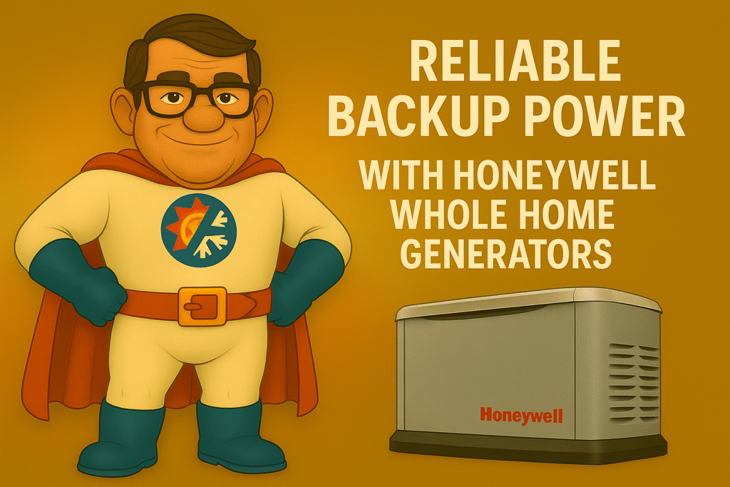"Cartoon HVAC superhero standing beside a Honeywell home generator, promoting reliable backup power for Kentucky homes"