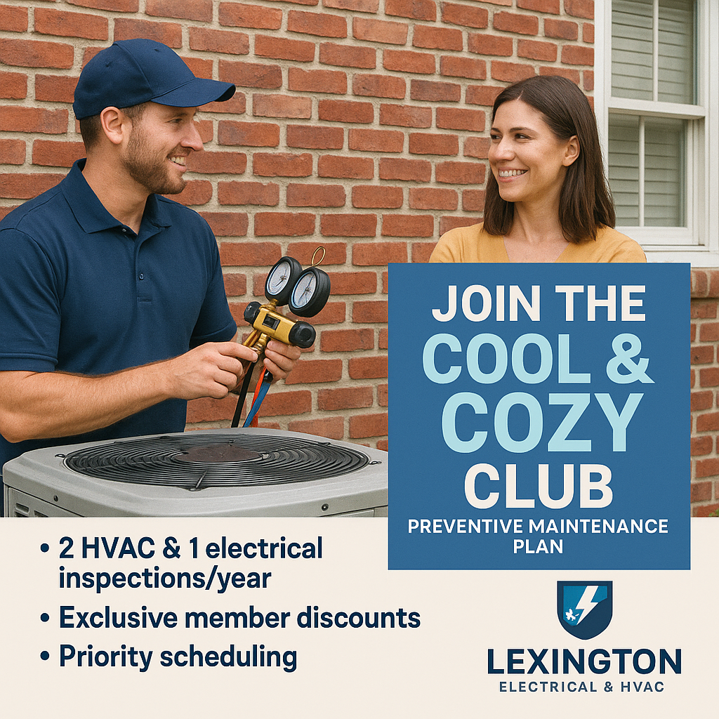 HVAC tech promoting the Cool & Cozy Club membership, highlighting seasonal tune-ups, repair discounts, and priority service for homeowners.