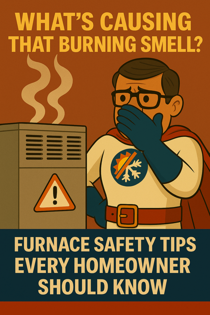 Comfort Crusader HVAC mascot reacting to smoke rising from a furnace with warning symbols, highlighting furnace safety concerns in Lexington KY.