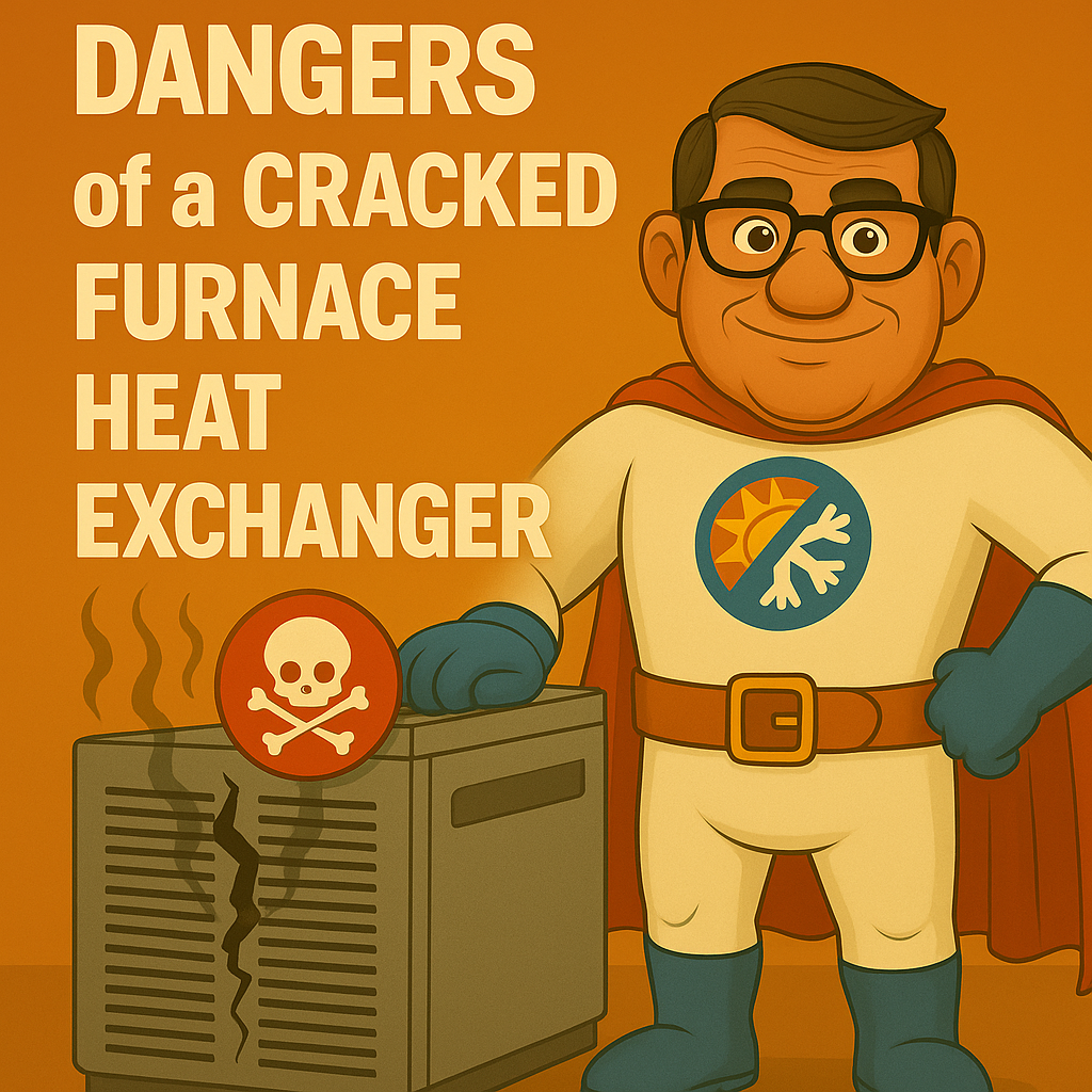 Illustration of an HVAC technician explaining the dangers of a cracked heat exchanger in a furnace, with an alert symbol and a home heating system in the background.