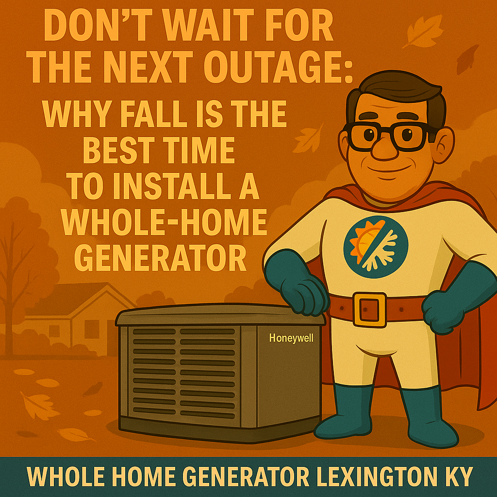 Comfort Crusader stands beside a Honeywell whole-home generator with fall leaves blowing and storm clouds in the background, promoting generator installation in Lexington KY.
