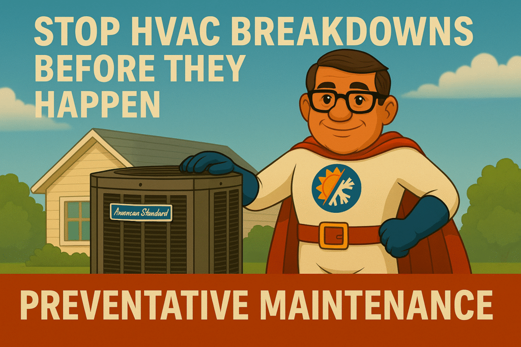 Comfort Crusader HVAC mascot standing confidently next to an American Standard air conditioner with bold text reading “Stop HVAC Breakdowns Before They Happen – Preventative Maintenance.”