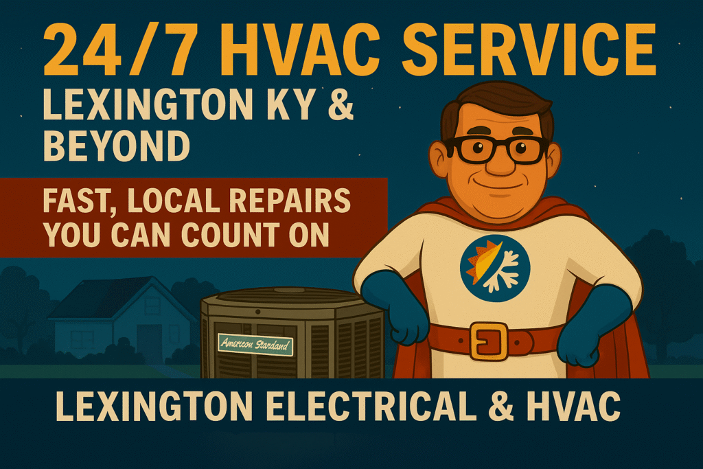 Comfort Crusader HVAC mascot standing next to an American Standard unit with bold text that reads “24/7 HVAC Service – Lexington KY & Beyond – Fast, Local Repairs You Can Count On.”
