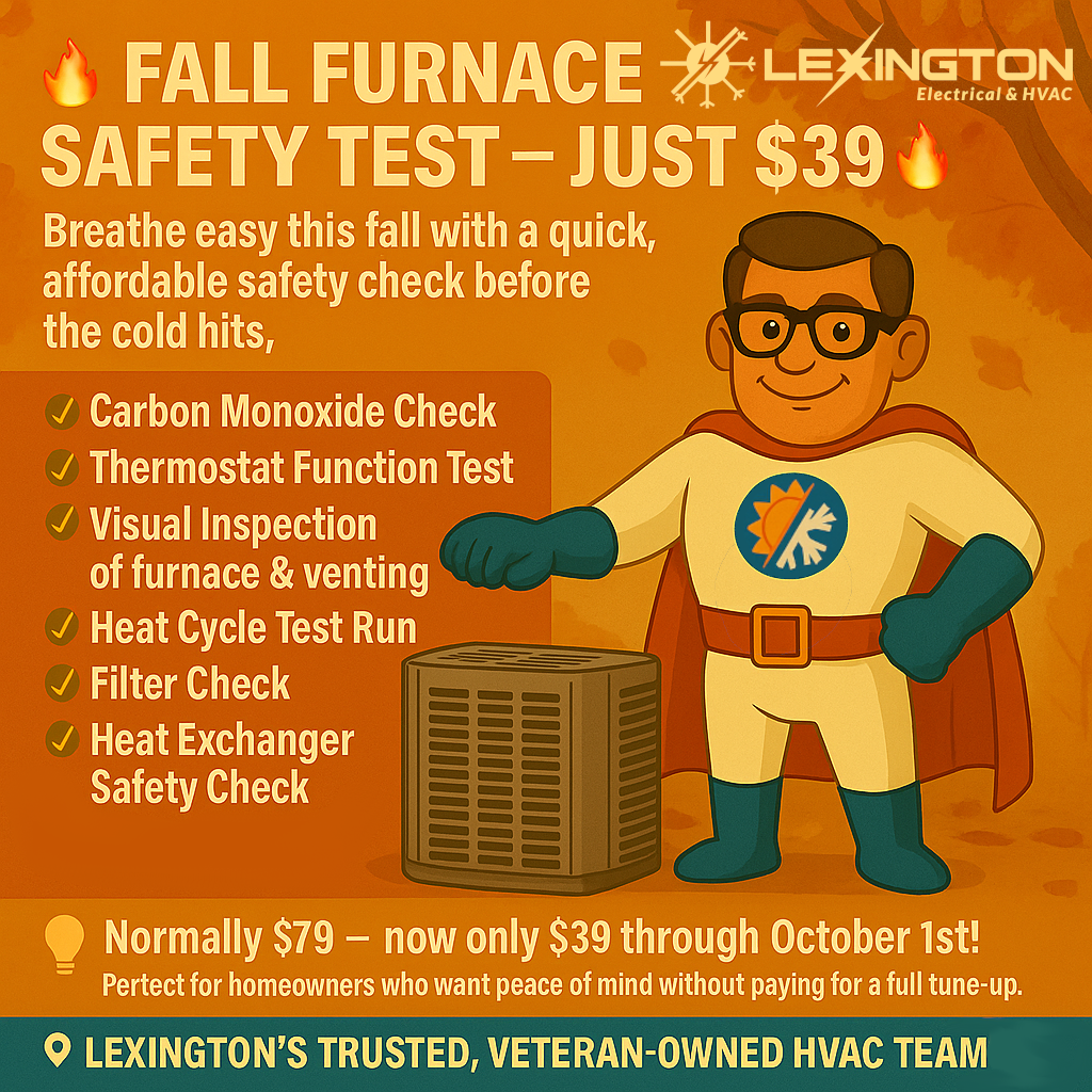 Comfort Crusader HVAC mascot promoting a $39 Fall Furnace Safety Test in Lexington KY, with a checklist of included inspection items.