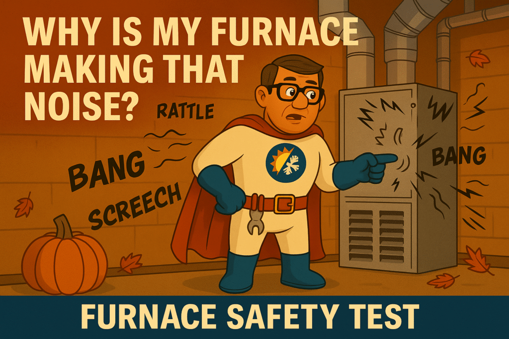 Cartoon-style illustration of the Comfort Crusader pointing toward a noisy furnace with sound waves, warning symbols, and a worried homeowner nearby. Promotes furnace repair in Lexington KY.