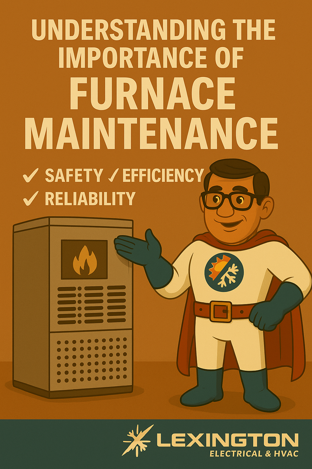 Comfort Crusader performing a fall furnace inspection with a checklist in hand and a smiling homeowner watching nearby.