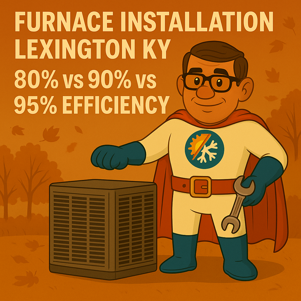 Comfort Crusader stands beside three different furnaces labeled 80%, 90%, and 95%, explaining efficiency options for furnace installation Lexington KY.