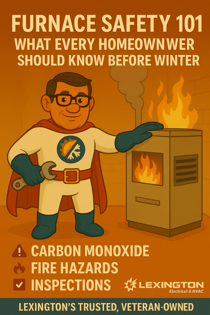 Comfort Crusader stands confidently next to a furnace holding a carbon monoxide detector, promoting a $39 Furnace Safety Test in Lexington KY.