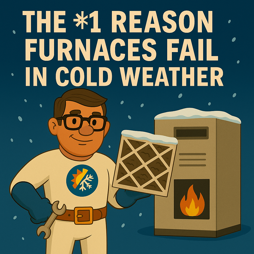 Promotional image showing a superhero HVAC technician in cold weather with a furnace, representing furnace repair in Lexington KY.