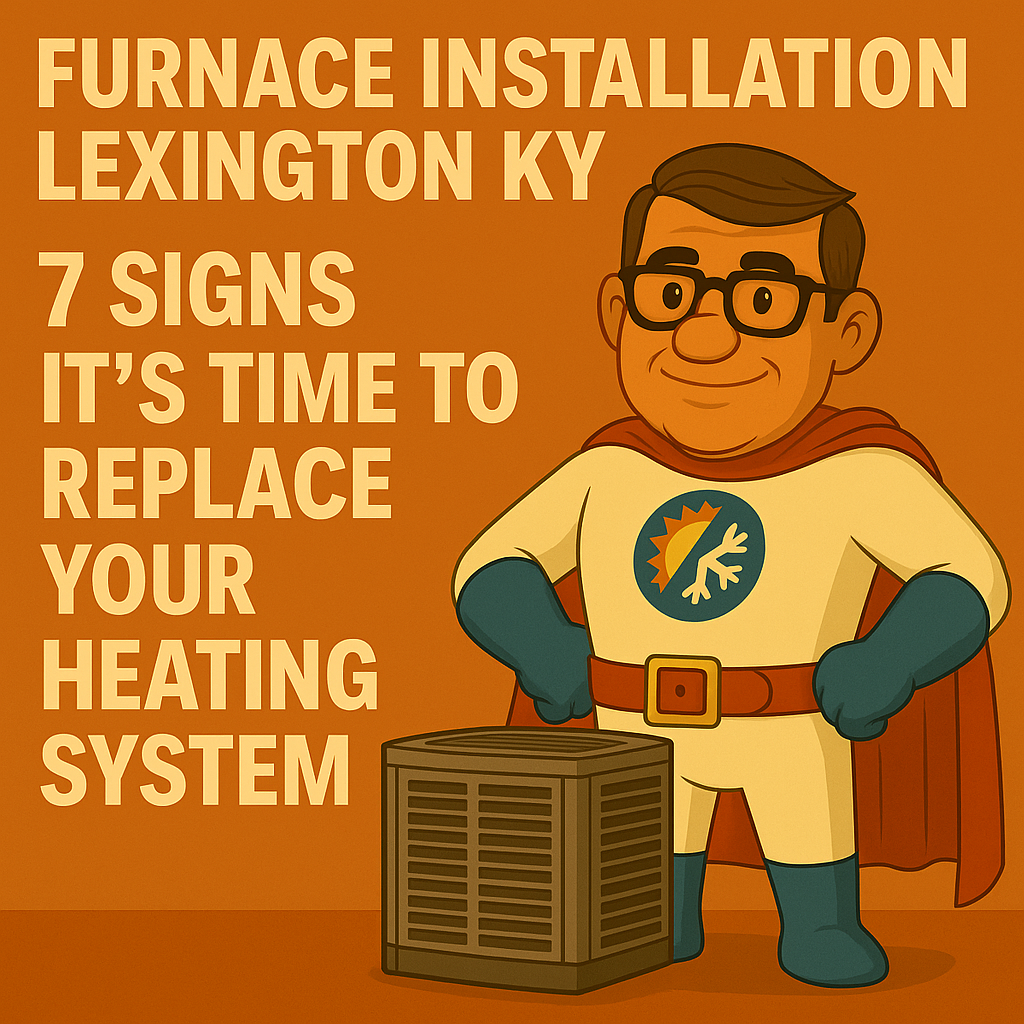 Comfort Crusader stands beside multiple furnaces labeled with 80%, 90%, and 95% efficiency ratings, promoting expert furnace installation in Lexington KY.