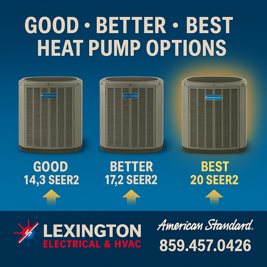 Heat pump efficiency chart showing good, better, best SEER2 options from Lexington Electrical & HVAC