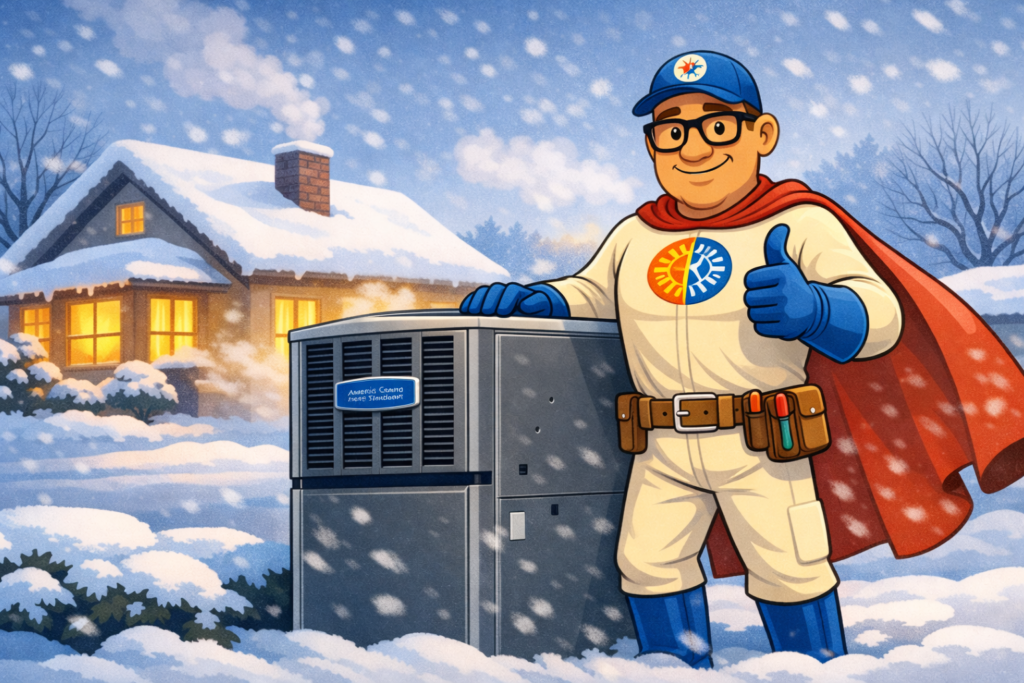 Furnace Repair Lexington KY – HVAC superhero mascot protecting a home during extreme cold weather
