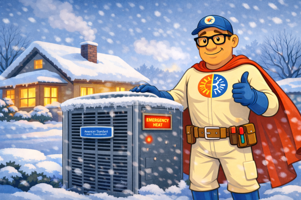 Heat Pump Repair Lexington KY – HVAC mascot explaining emergency heat during cold winter temperatures