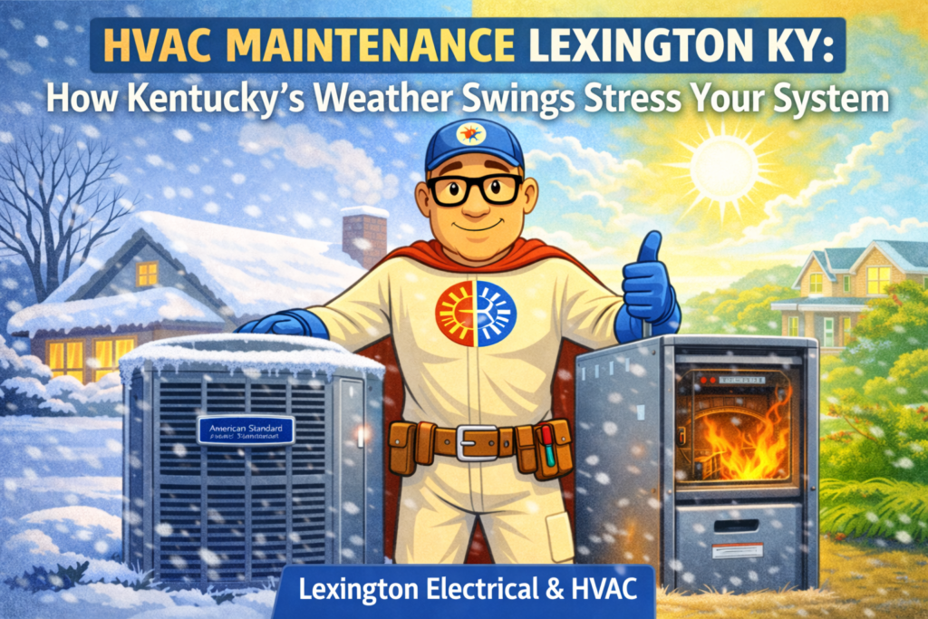 HVAC Maintenance Lexington KY – HVAC mascot showing AC to heat transition during Kentucky weather swings