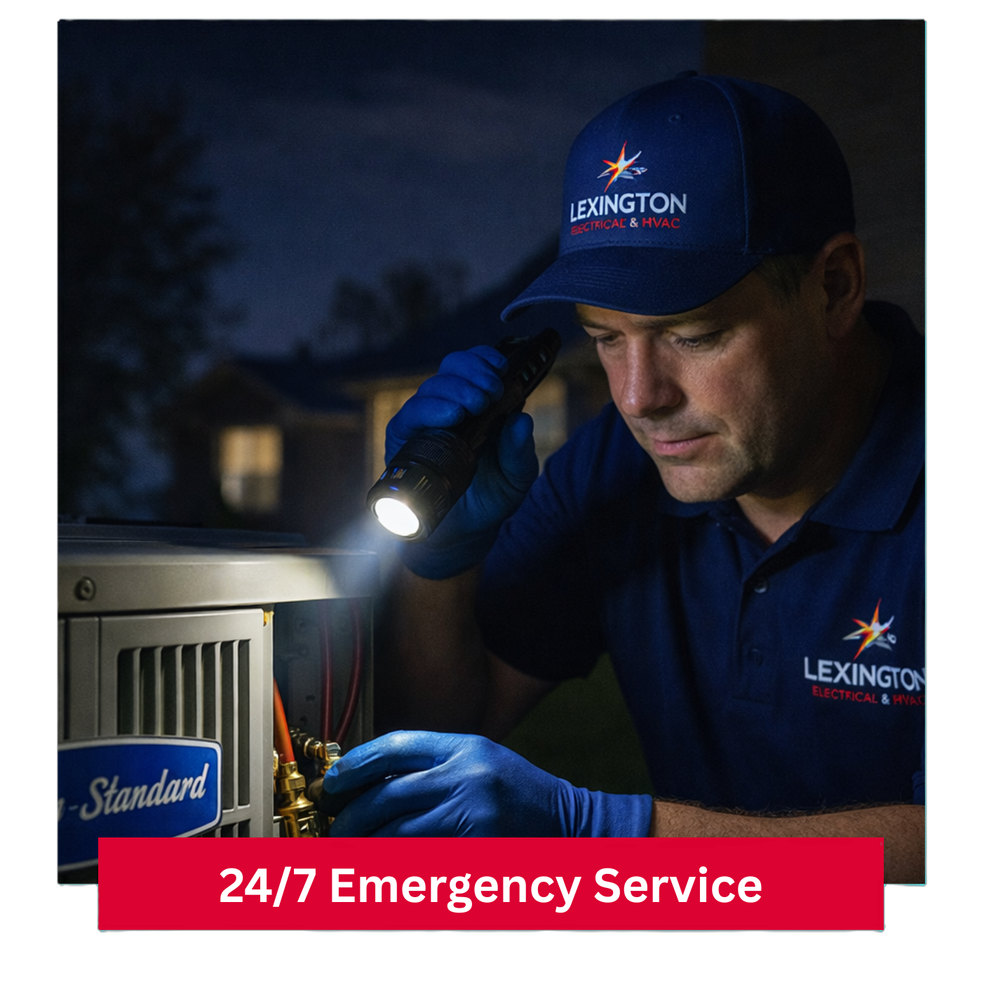 Lexington Electrical & HVAC technician providing 24/7 emergency AC repair at night for a residential home in Lexington, KY