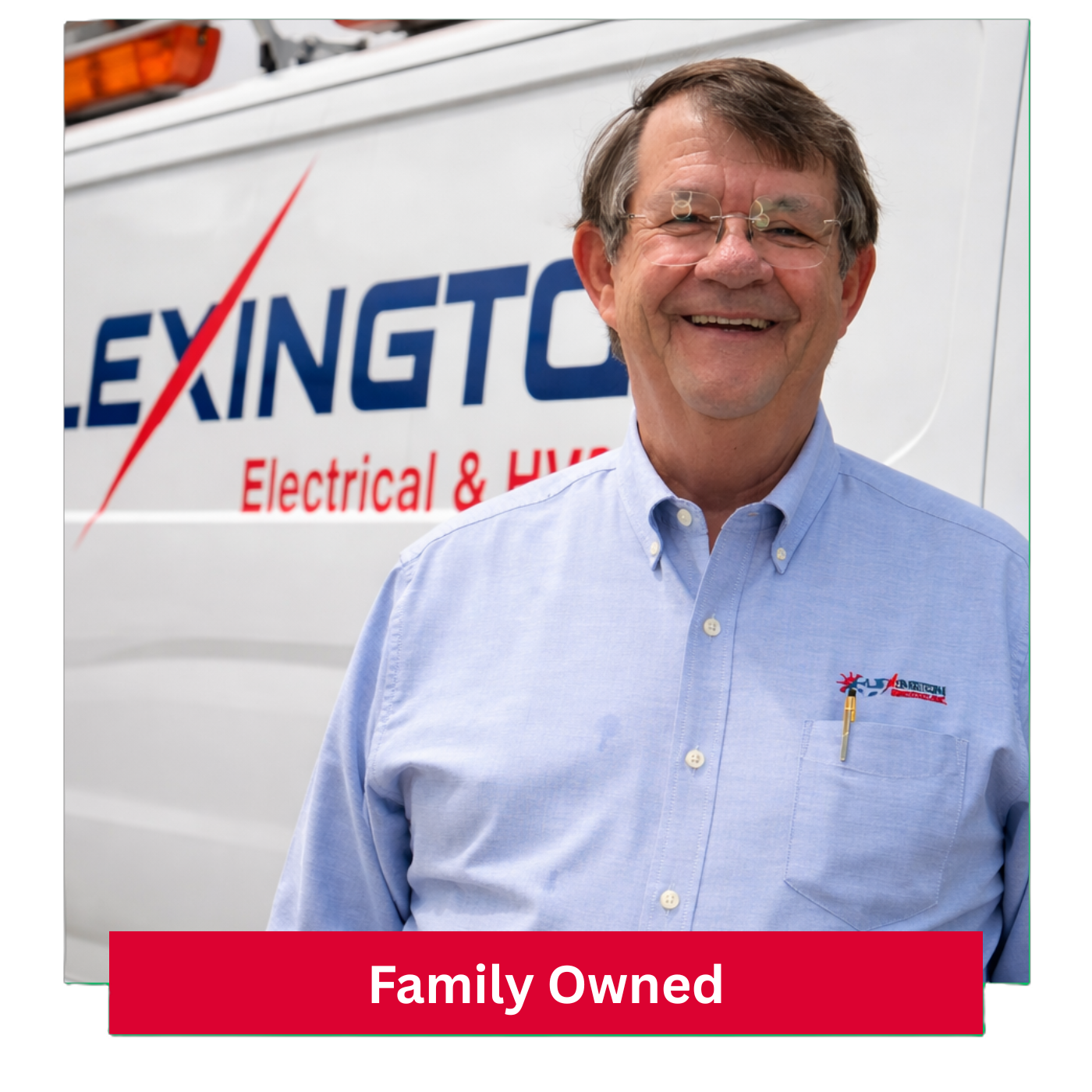 David Boggs, owner of Lexington Electrical & HVAC, standing in front of a company service van at a residential location in Lexington, KY