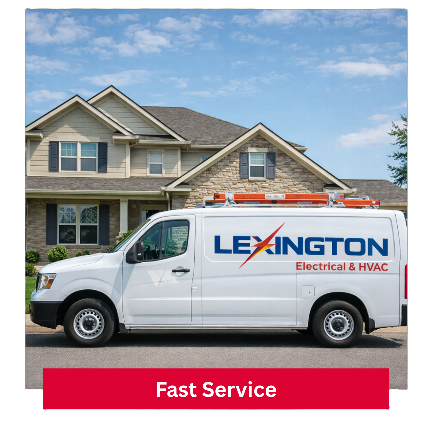 Lexington Electrical & HVAC service van parked in front of a residential home, providing fast HVAC service in Lexington, KY