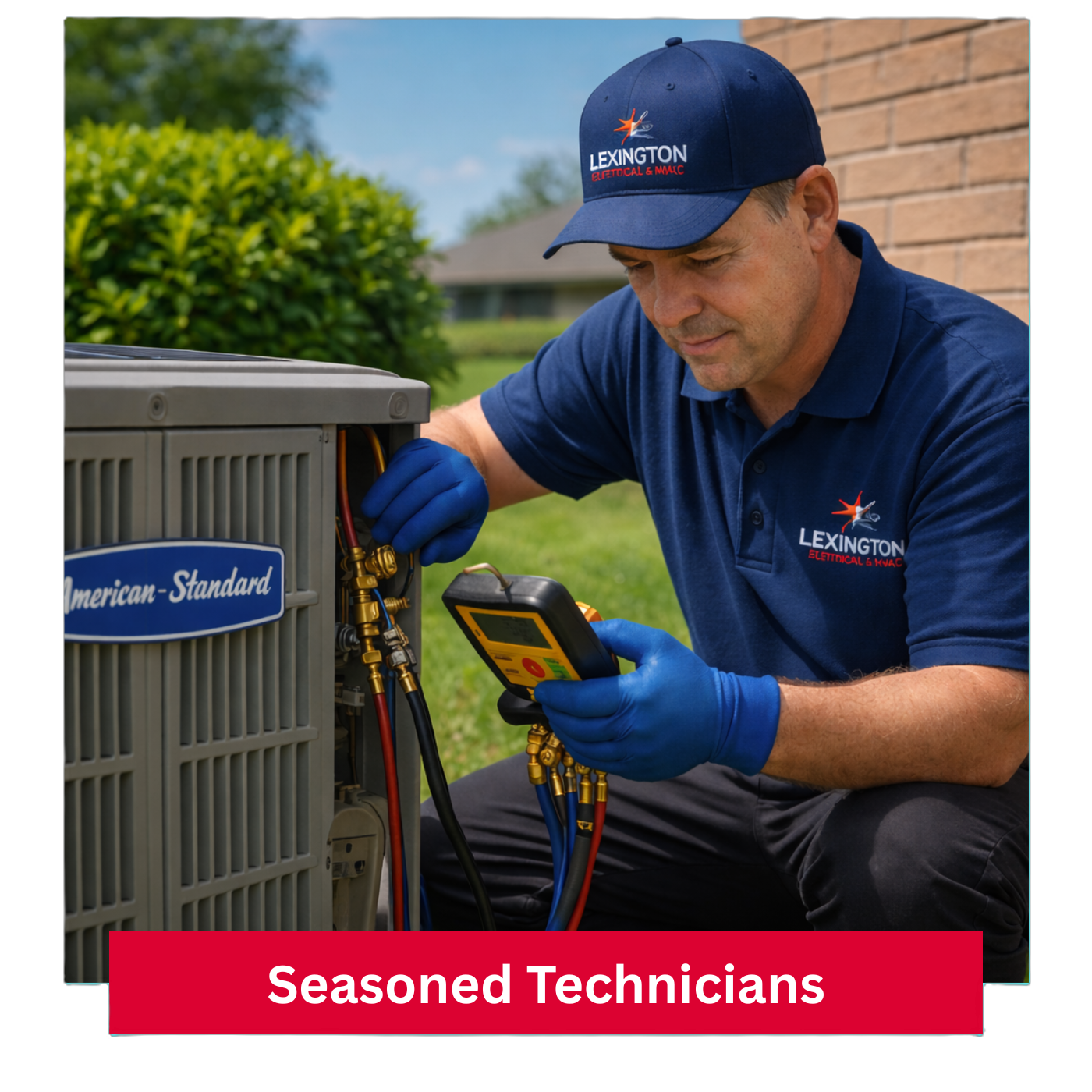 Seasoned Lexington Electrical & HVAC technician servicing an outdoor air conditioning unit at a residential home in Lexington, KY