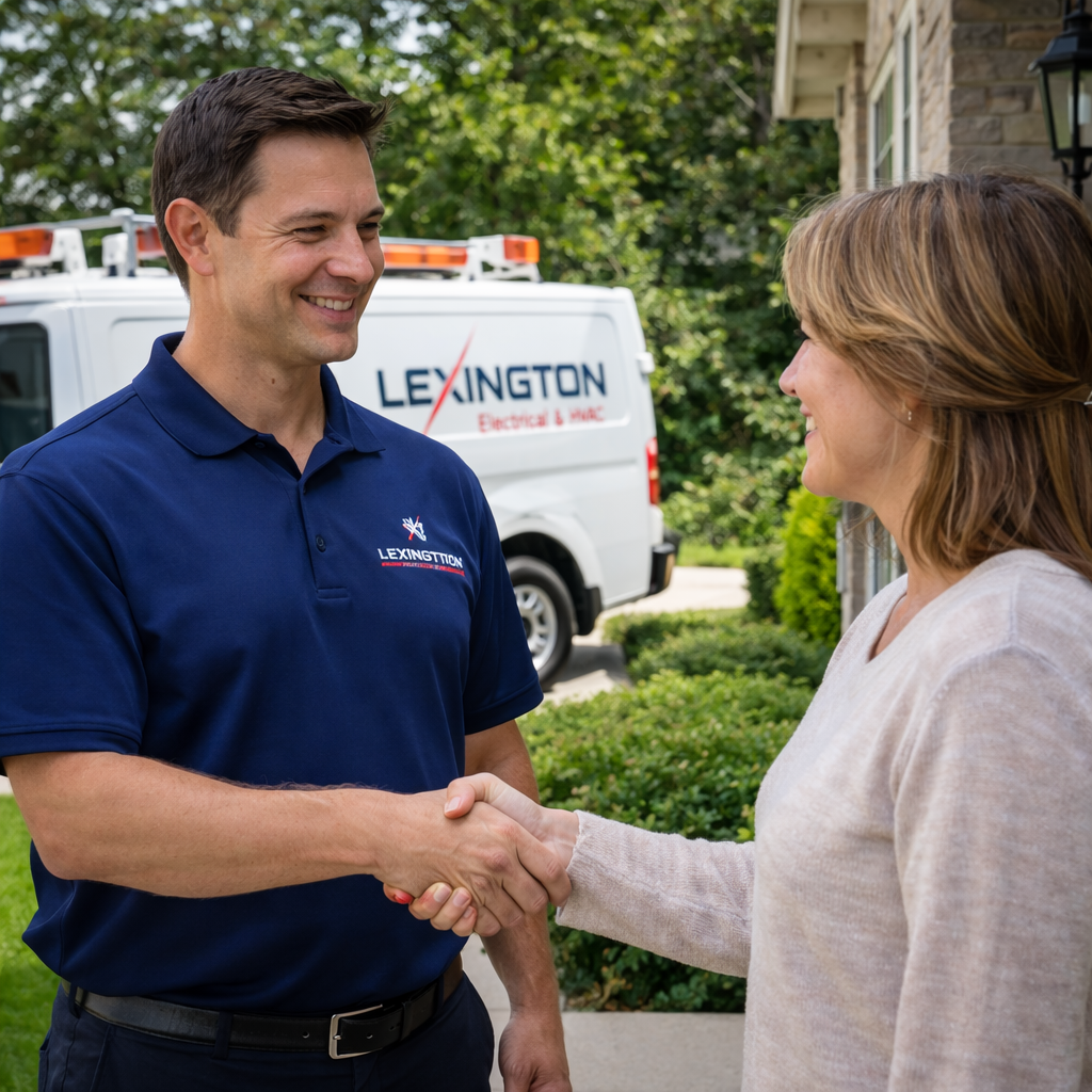 Lexington KY HVAC technician from Lexington Electrical & HVAC greeting a homeowner before service appointment - HVAC services in Lexington KY