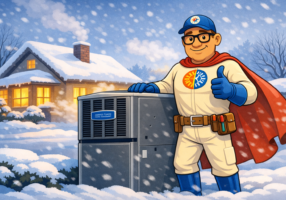 Furnace Repair Lexington KY – HVAC superhero mascot protecting a home during extreme cold weather