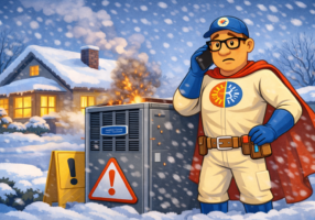Emergency Furnace Repair Lexington KY – HVAC mascot responding to no heat during freezing temperatures