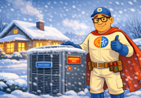Heat Pump Repair Lexington KY – HVAC mascot explaining emergency heat during cold winter temperatures