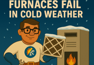 Promotional image showing a superhero HVAC technician in cold weather with a furnace, representing furnace repair in Lexington KY.