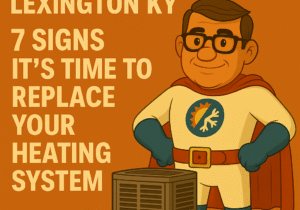 Comfort Crusader stands beside multiple furnaces labeled with 80%, 90%, and 95% efficiency ratings, promoting expert furnace installation in Lexington KY.