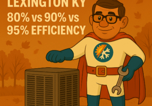 Comfort Crusader stands beside three different furnaces labeled 80%, 90%, and 95%, explaining efficiency options for furnace installation Lexington KY.